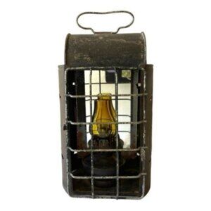 Punched Tin Metal Rustic Lantern with Mini Oil Lamp & Hanger Hinged Door